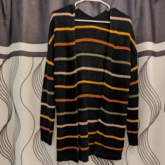 Women's Casual Cardigan Sweaters Drop Shoulder Striped Cardigan Knit Outwear - Picture 4 of 6